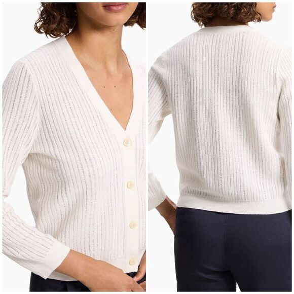 Stripe Linen Jacquard Cropped Cardigan - Picture 2 of 4